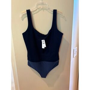 New Express Body Contour denim Bodysuit Navy L Blue Square Neck Sleeveless